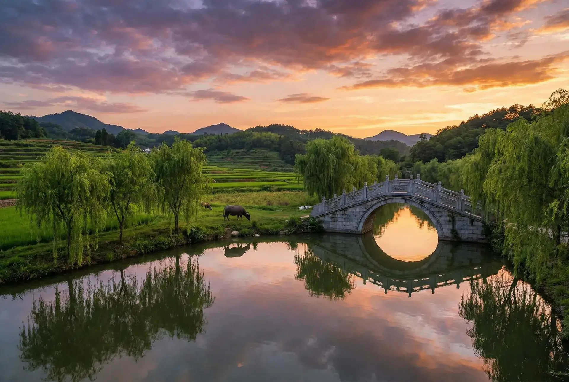 夕阳下的石拱桥与垂柳，水牛在河边吃草 - 775me 乡村美景